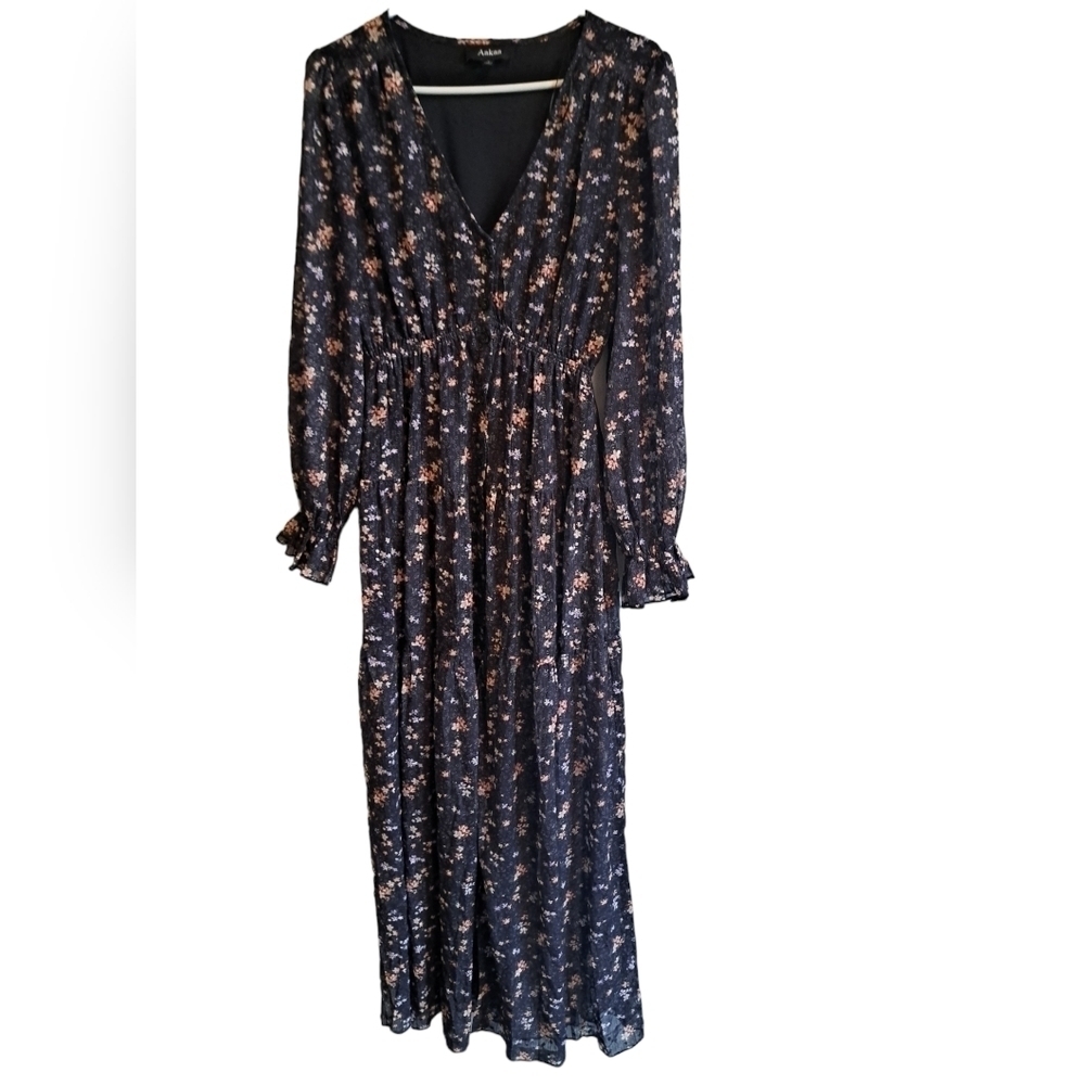 Tiny floral tiered MAXI dress long sleeves ruffle cuff button up Shabby Aakaa S - Picture 4 of 12